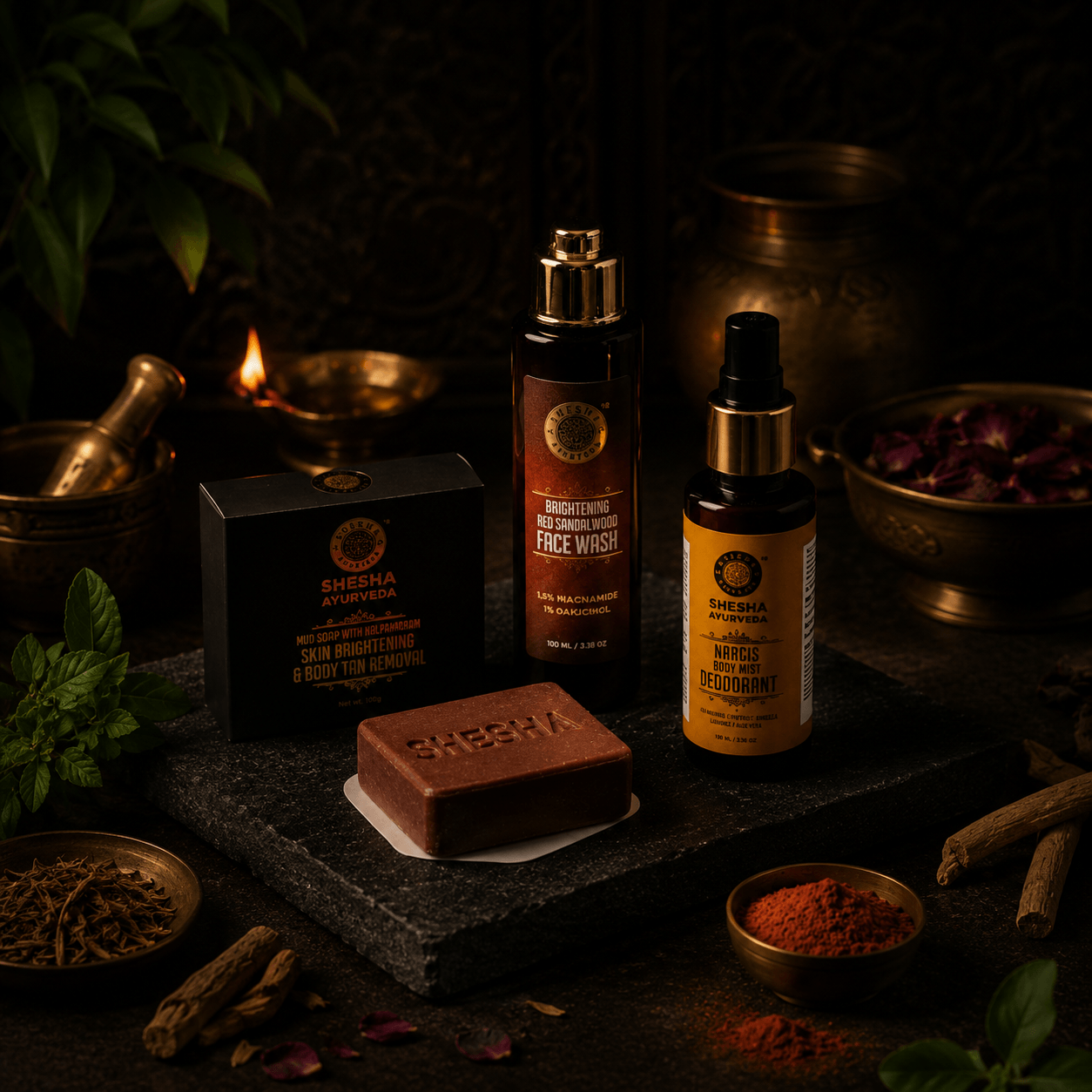 Cleanse, Refresh & Glow Trio | Mud Soap + Red Sandalwood Face Wash + Nargis Body Mist
