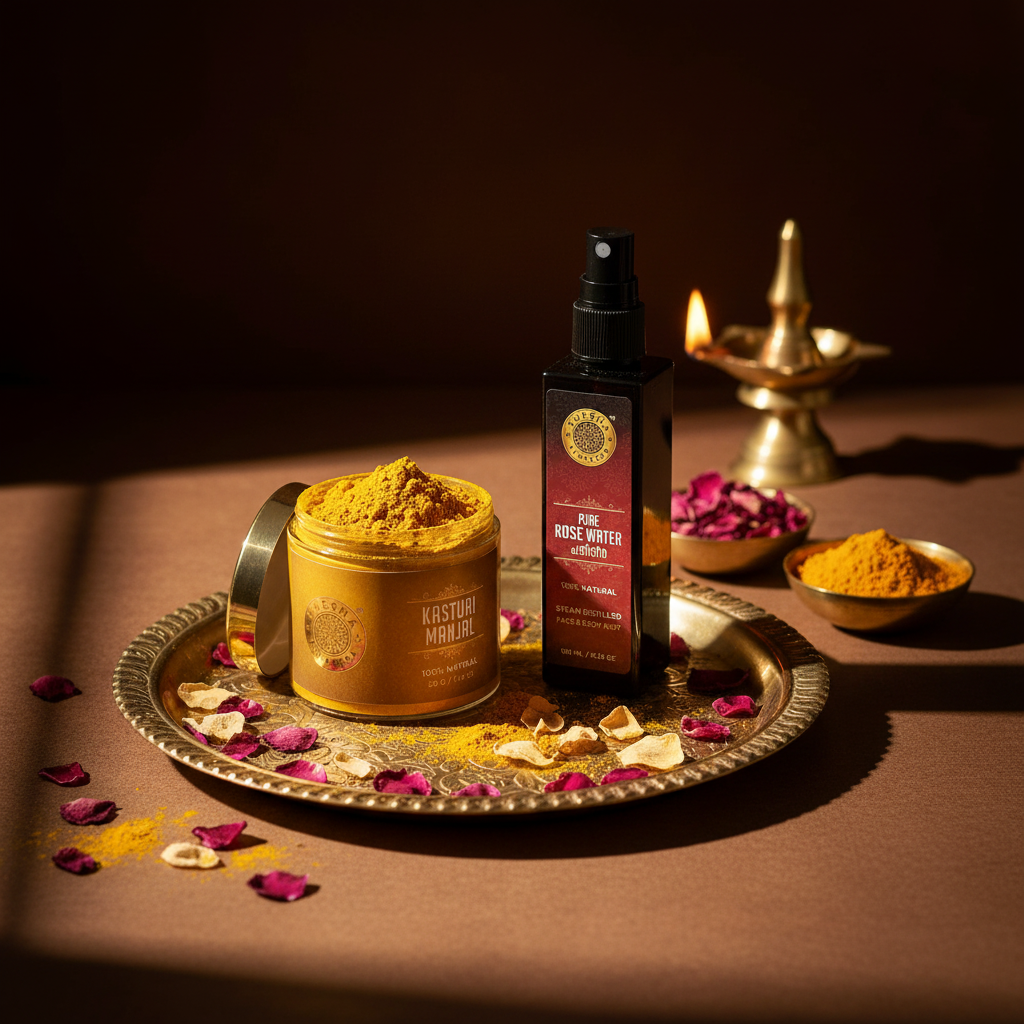 Yellow Kasturi Manjal Face Pack and Pure Rose Water combo on dark Ayurvedic background with brass props and diya