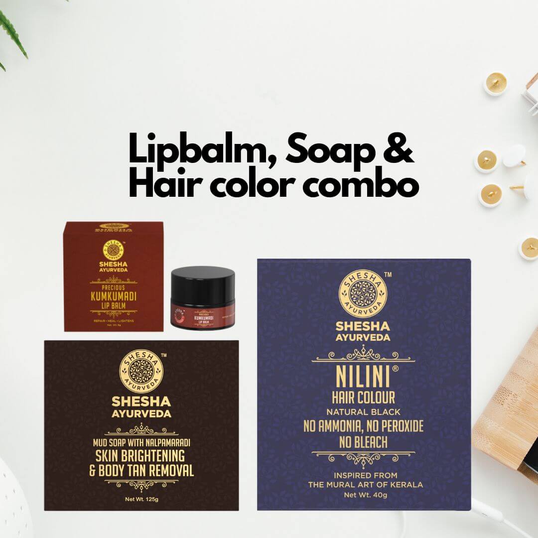 Lipbalm, Soap & Hair Color combo (3 items) - Kumkumadi Lightening Lip Balm 5G + Tan Removal Mud Soap 125G + Nilini Natural Black Hair Color 40G