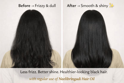 Before and after comparison of hair using Neelibringadi Hair Oil, showing less frizz and better shine.