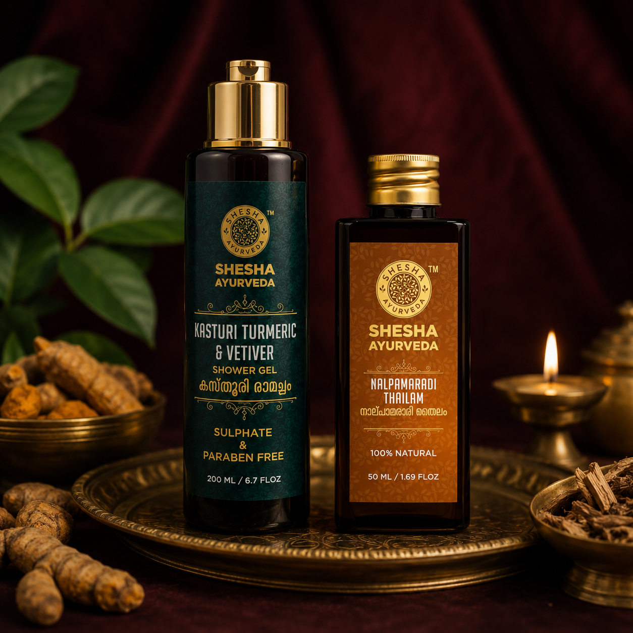 The Kerala Glow Duo | Kasturi Turmeric & Vetiver Shower Gel 200ml + Nalpamaradi Thailam 50ml