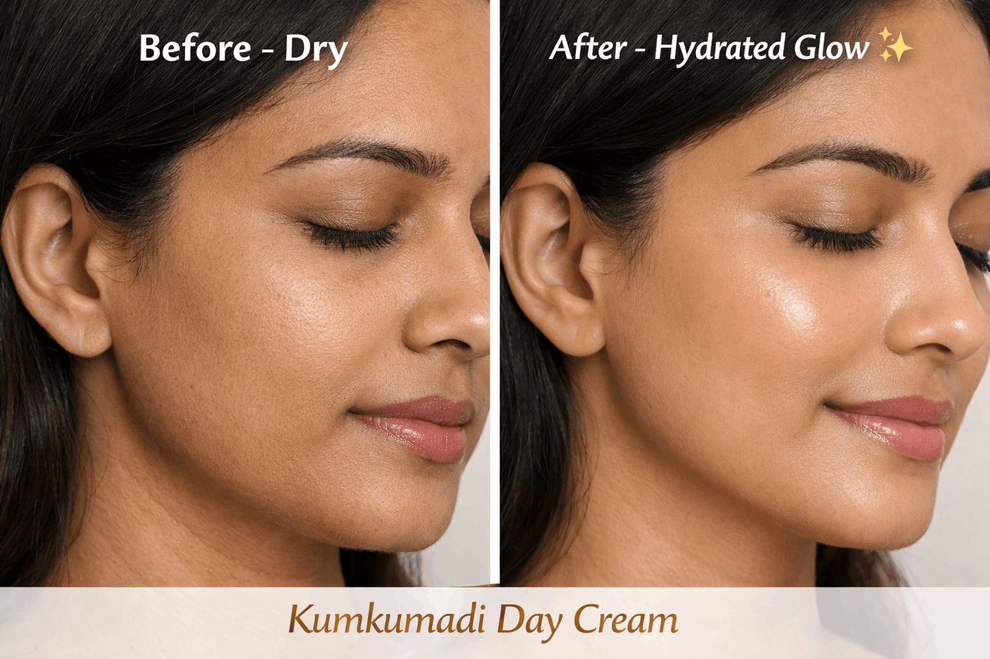 Before and after comparison of a woman's face with Kumkumadi Day Cream, showing a hydrated glow.