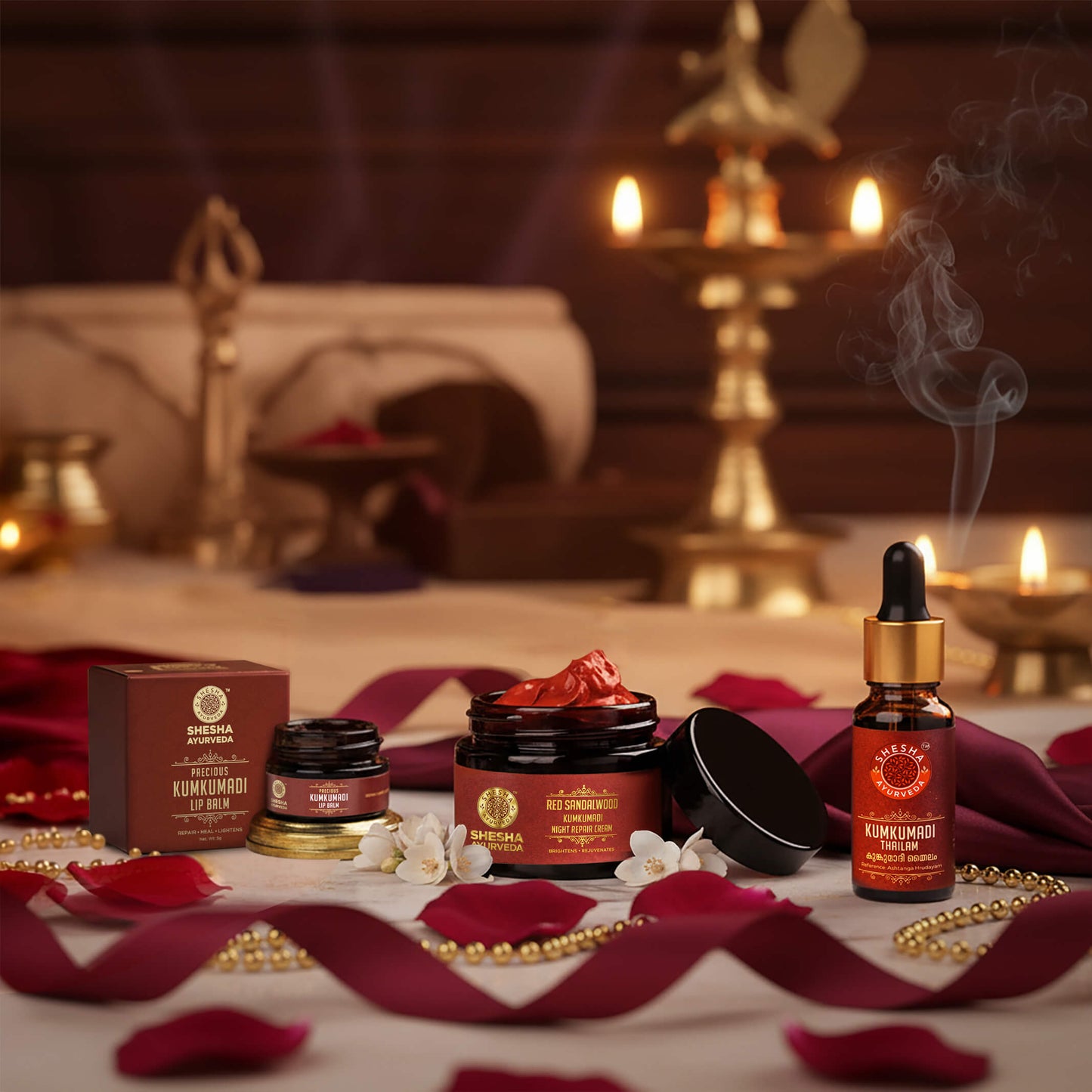 Valentine’s Day Radiance Trio | As Seen on Shark Tank India - Red Sandalwood Night Cream + Kumkumadi Lip Balm + Kumkumadi Thailam