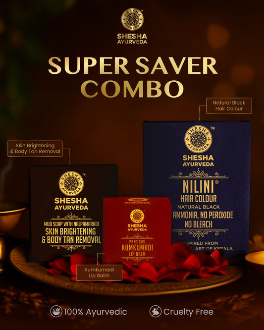 Super Saver Combo (3 items) - Kumkumadi Lightening Lip Balm 5G + Tan Removal Mud Soap 125G + Nilini Natural Black Hair Color 40G