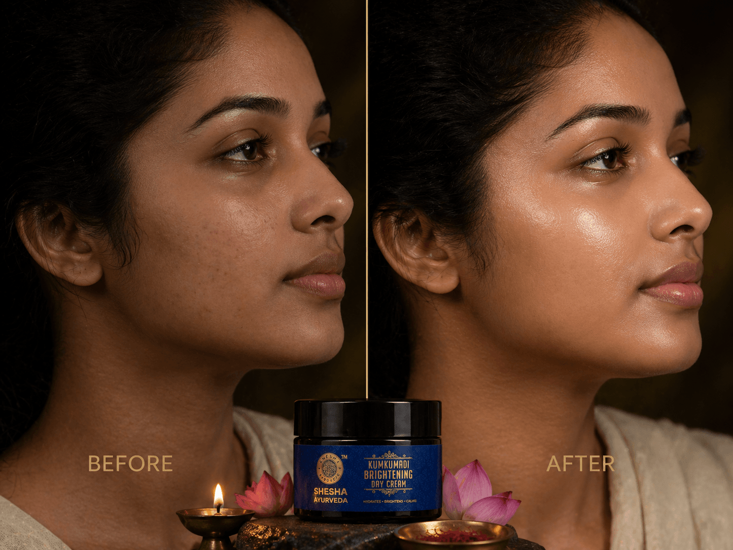 Ayurvedic day and night cream set powered by Kumkumadi Thailam and red sandalwood, placed in a warm, herbal setting highlighting traditional ingredients known for skin brightening and nourishment.