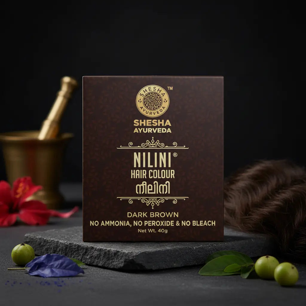 Shesha Ayurveda Nilini Hair Color Dark Brown for covering grey hair naturally without ammonia or harsh chemicals.