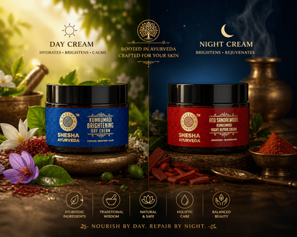 A complete day-to-night skincare ritual with Shesha Ayurveda moisturizer duo, representing a daily routine that hydrates, repairs, and restores skin for a naturally healthy glow.