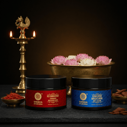 Shesha Ayurveda Day & Night Moisturizer Duo featuring Kumkumadi Brightening Day Cream and Red Sandalwood Night Cream, designed for 24-hour hydration, skin brightening, and natural Ayurvedic skincare.