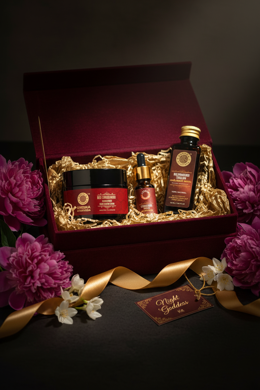 Shesha Ayurveda Night Goddess Kit in burgundy gift box with peonies and gold ribbon