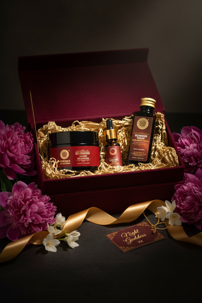 Shesha Ayurveda Night Goddess Kit in burgundy gift box with peonies and gold ribbon