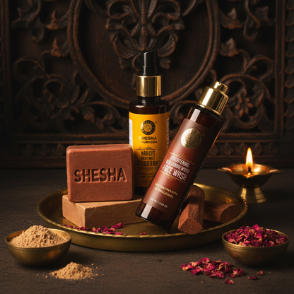Mud Soap, Red Sandalwood Face Wash and Nargis Deodorant Body Mist trio on dark Ayurvedic background with brass props