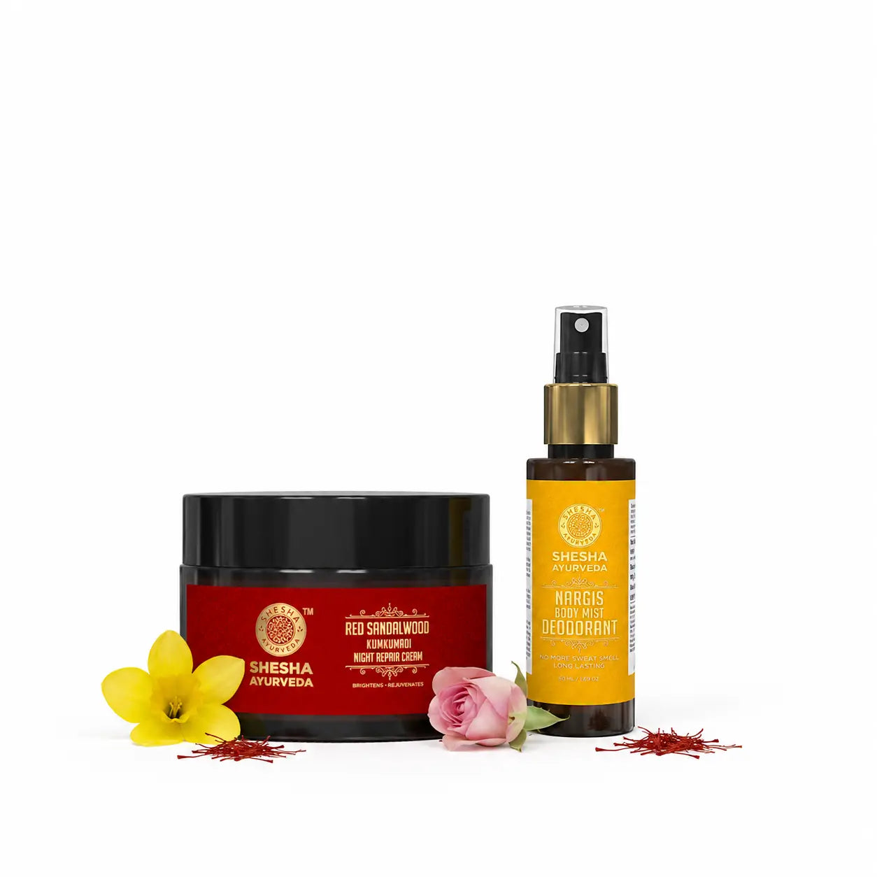 Shesha Ayurveda Bloom & Glow Kit – Red Sandalwood Night Cream and Nargis Body Mist minimal white studio shot