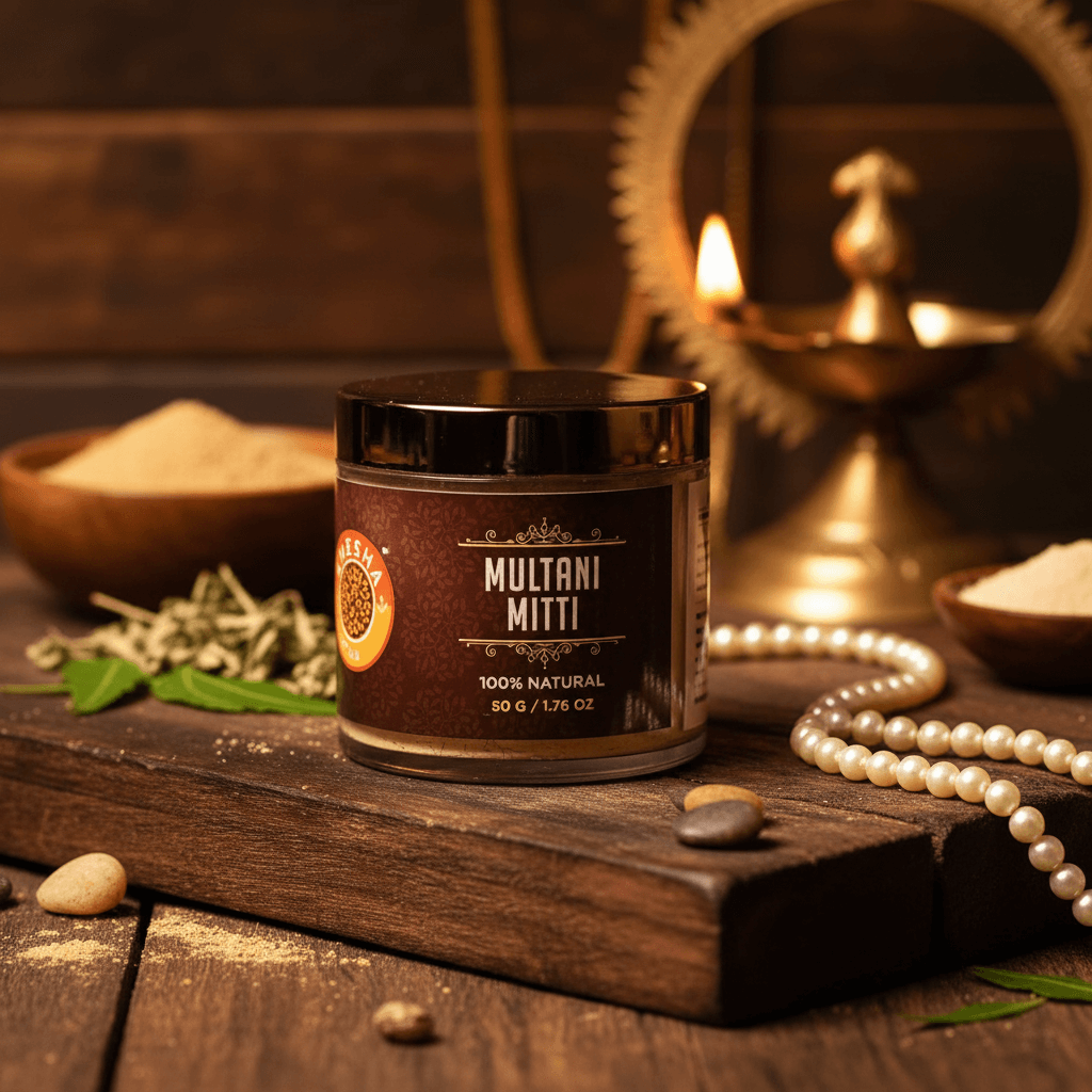 Jar of Multani Mitti on a wooden surface with traditional elements in the background