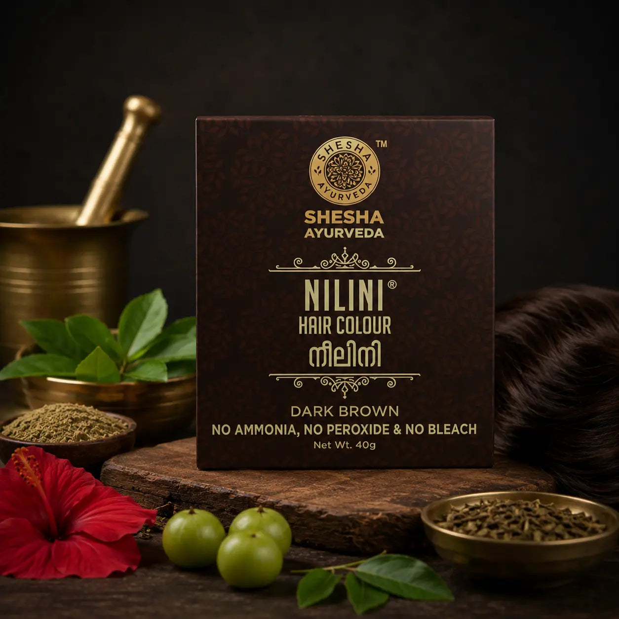 Shesha Ayurveda Nilini Dark Brown Hair Color made with indigo, henna, and Ayurvedic herbs for natural grey hair coverage.