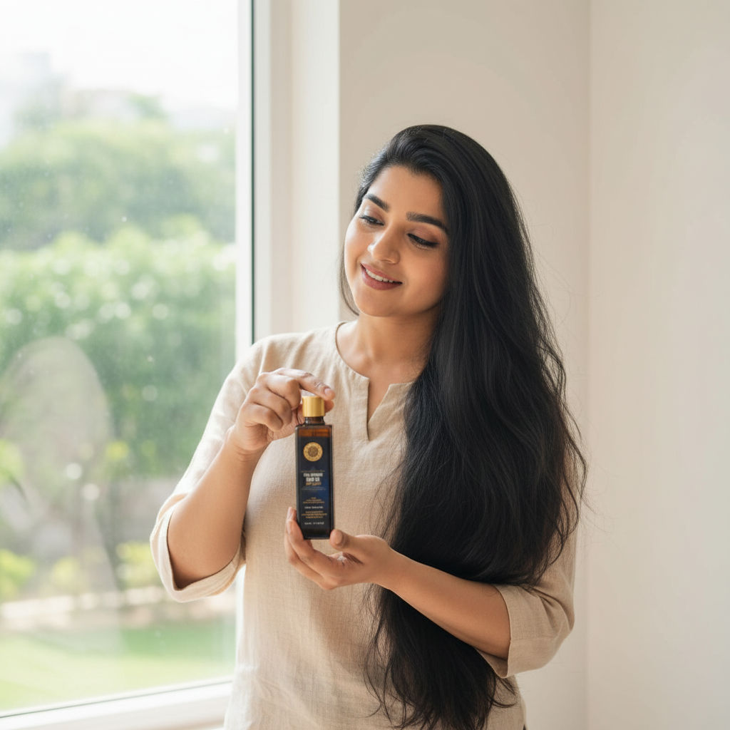 founder Renji Anooj holding shesha ayurveda Neeibringadi hair oil