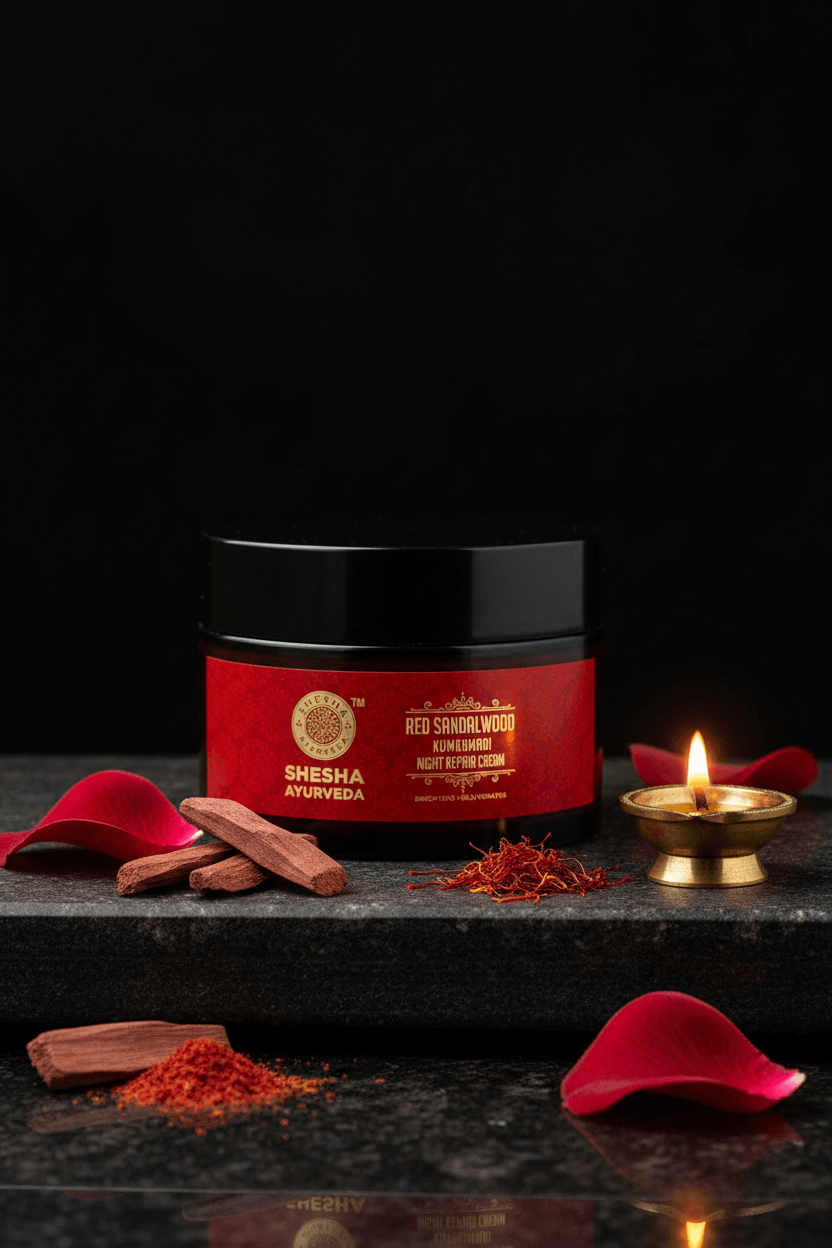 Shesha Ayurveda red sandalwood cream showcased in a rich, traditional setting with botanical elements, highlighting a natural Ayurvedic skincare formulation crafted for brighter, even-toned, and healthy-looking skin.