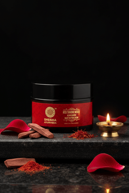 Shesha Ayurveda red sandalwood cream showcased in a rich, traditional setting with botanical elements, highlighting a natural Ayurvedic skincare formulation crafted for brighter, even-toned, and healthy-looking skin.