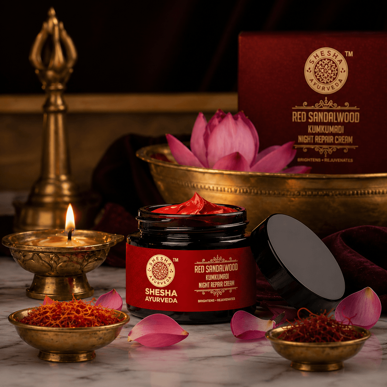 A premium Shesha Ayurveda red sandalwood cream placed in a warm, earthy setting with natural ingredients like red sandalwood, herbs, and traditional Ayurvedic elements. The image highlights a skin-brightening cream designed for glowing, even-toned skin with a natural, herbal formulation.