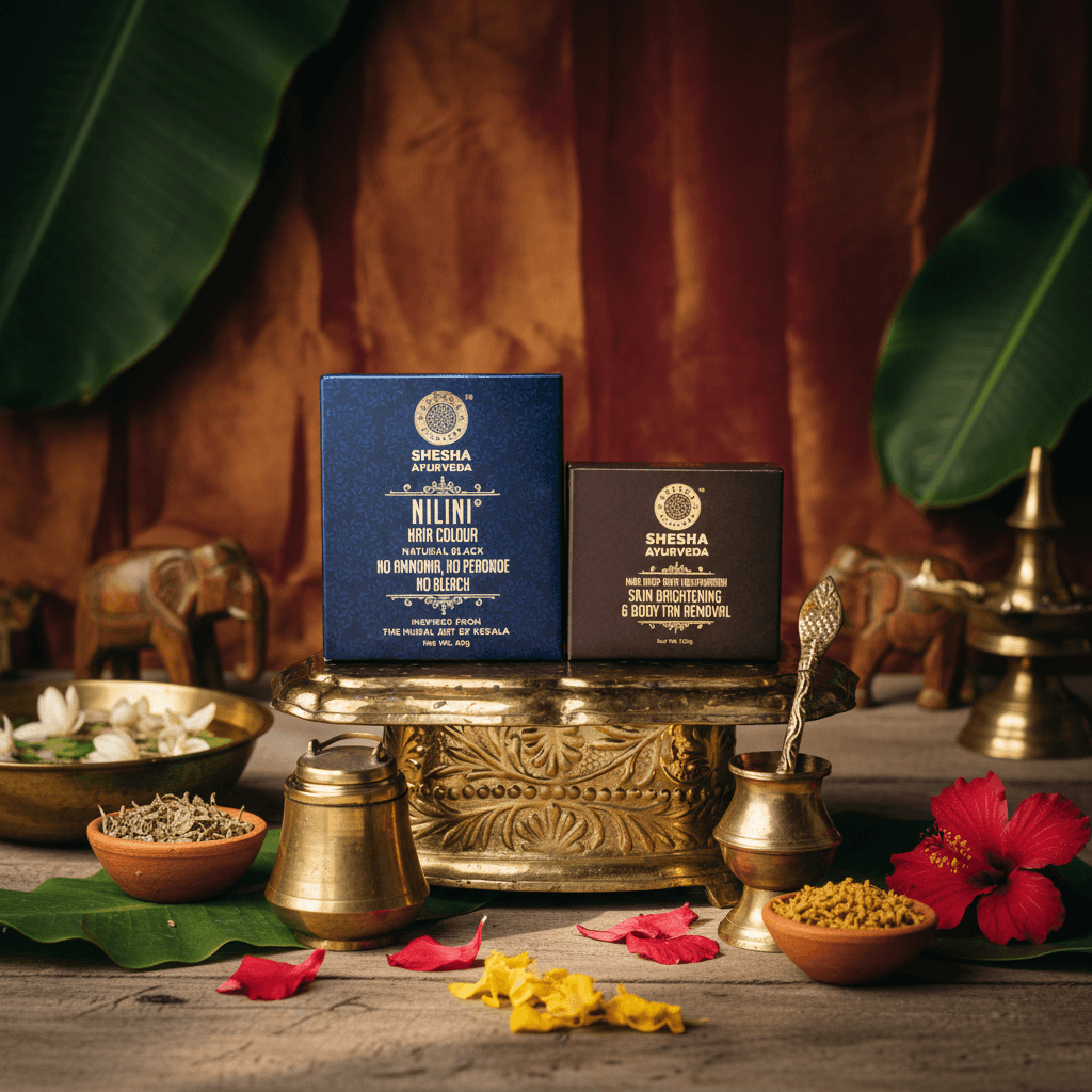 Shesha Ayurveda hair color box 'Nilini' and 'Shesha Ayurveda tan removal mud soap placed on a decorative table with flowers and temple items.

