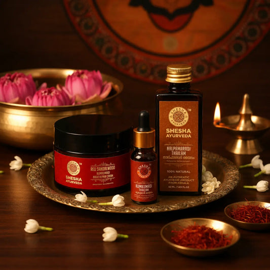 Shesha Ayurveda Night Goddess Kit on brass tray with lotus, diya and jasmine