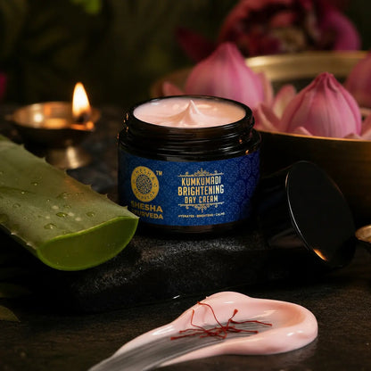 Shesha Ayurveda Kumkumadi Brightening Day Cream 50g for glowing skin, pigmentation, dark spots, and daily hydration for all skin types.