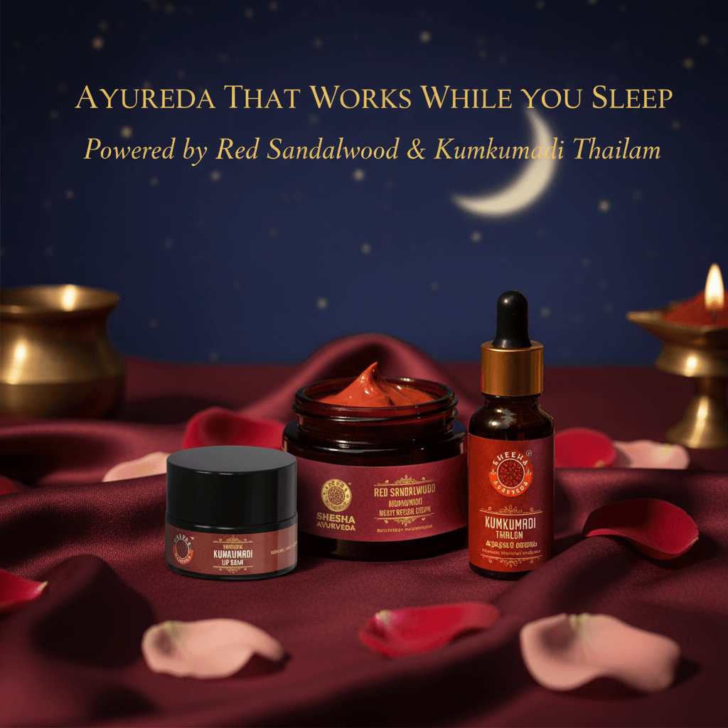 Valentine’s Day Radiance Trio | As Seen on Shark Tank India - Red Sandalwood Night Cream + Kumkumadi Lip Balm + Kumkumadi Thailam